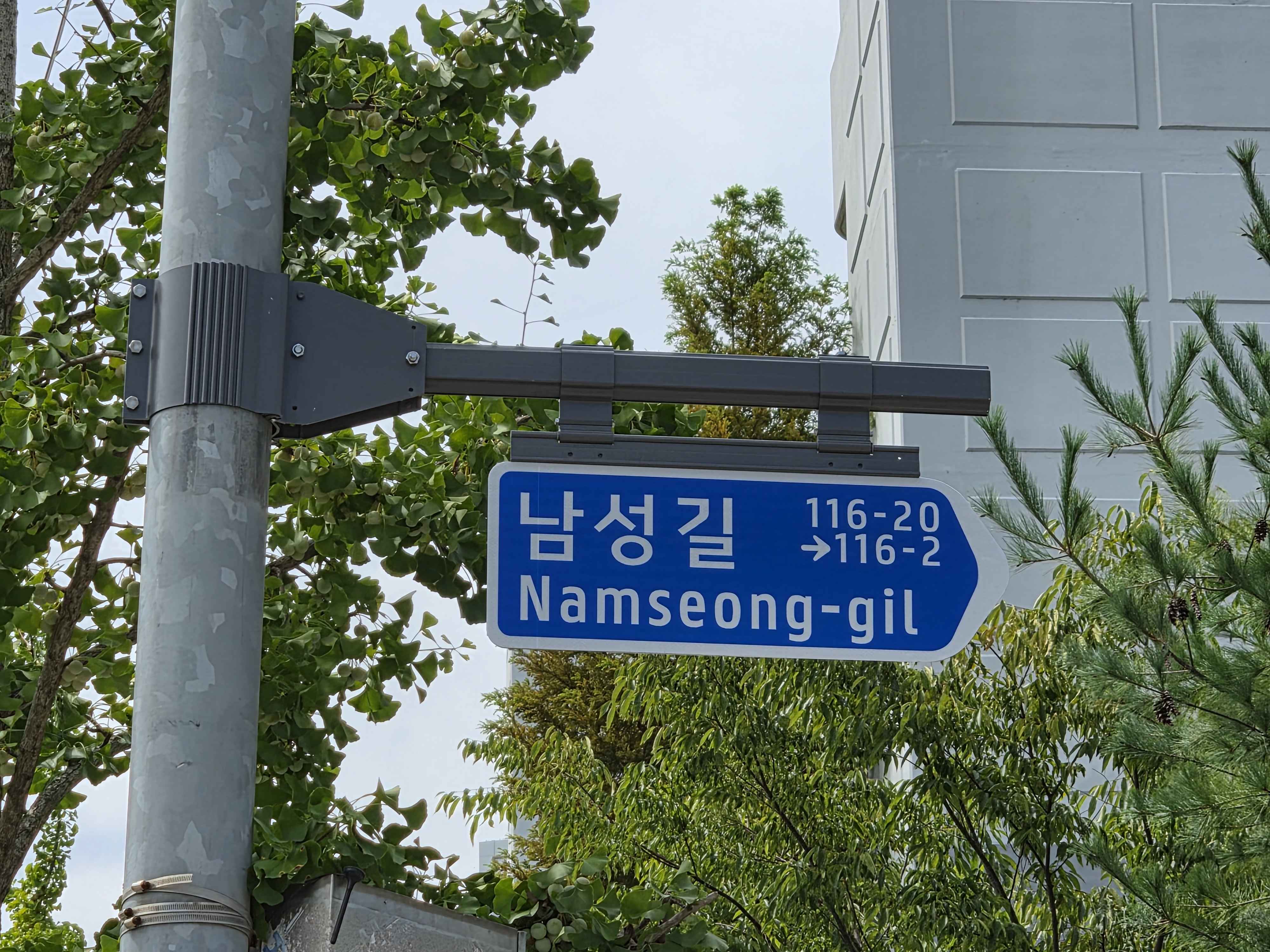 "남성길 Namseong-gil 116-20 → 116-2" 도로명판 사진