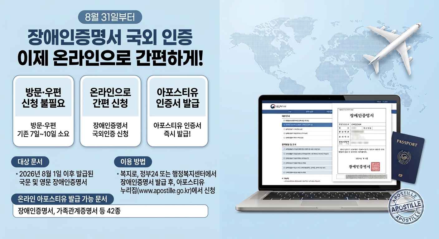 8월 31일부터
장애인증명서 국외 인증
이제 온라인으로 간편하게!
□ 방문·우편 신청불필요 : 방문·우편 기존 7일~10일 소요
□ 온라인으로 간편 신청 : 장애인증명서 국외인증 신청 
□ 아포스티유 인증서 발급 : 아포스티유 인증서 즉시 발급!

○ 대상 문서 : 2026년 8월 1일 이후 발급된 국문 및 영문 장애인증명서
○ 이용 방법 : 복지로, 정부24 또는 행정복지센터에서 장애인증명서 발급 후, 아포스티유 누리집(www.apostille.go.kr)에서 신청
○온라인 아포스티유 발급 가능 문서 : 장애인증명서, 가족관계증명서 등 42종