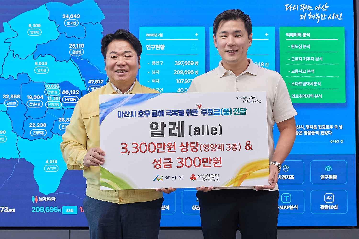건강기능식품 기업 알레, 아산시에 호우피해 성금 300만 원 기탁 관련사진